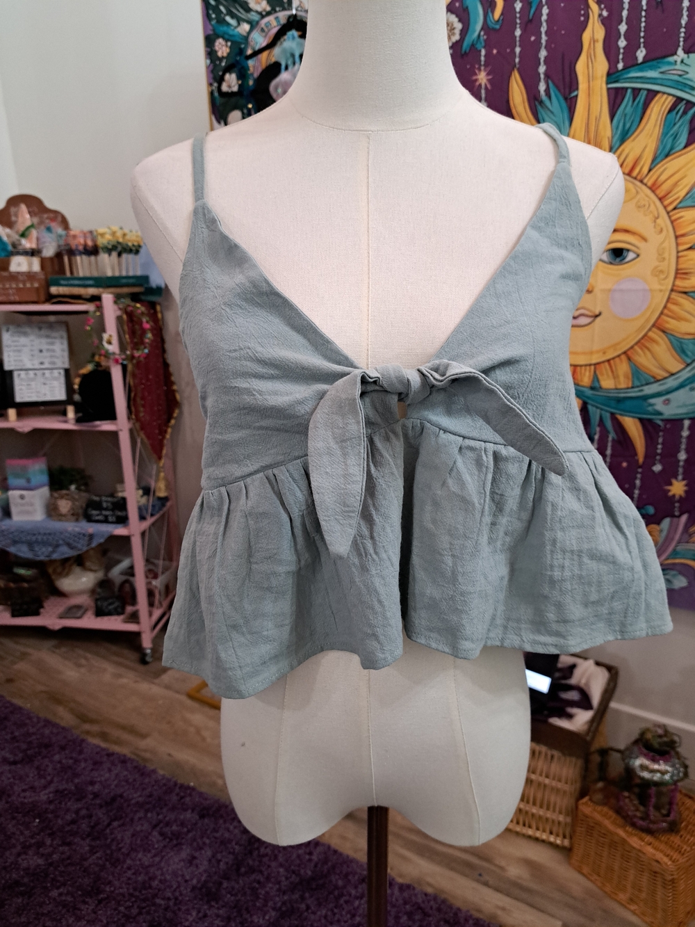 Cloudglass Faire Dusty Blue Tie-Front Babydoll Cami Ruffle Top Romwe Medium
